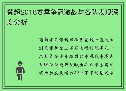 葡超2018赛季争冠激战与各队表现深度分析 葡超2018赛季争冠激战与各队表现深度分析