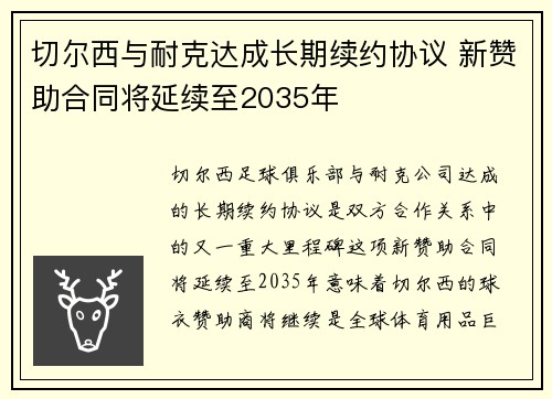 切尔西与耐克达成长期续约协议 新赞助合同将延续至2035年 切尔西与耐克达成长期续约协议 新赞助合同将延续至2035年